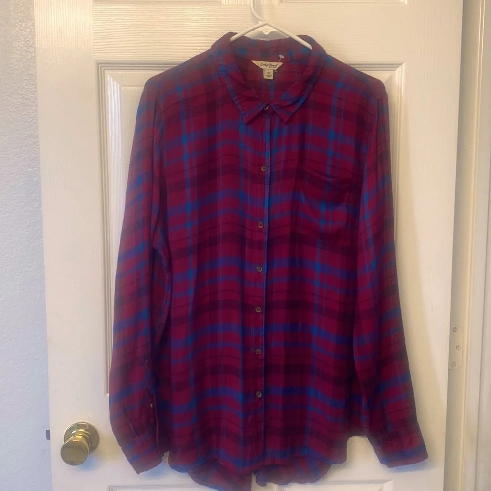 Lucky Brand  Maroon and Blue plaid Flannel Button down  shirt  Size XL - Picture 3 of 8